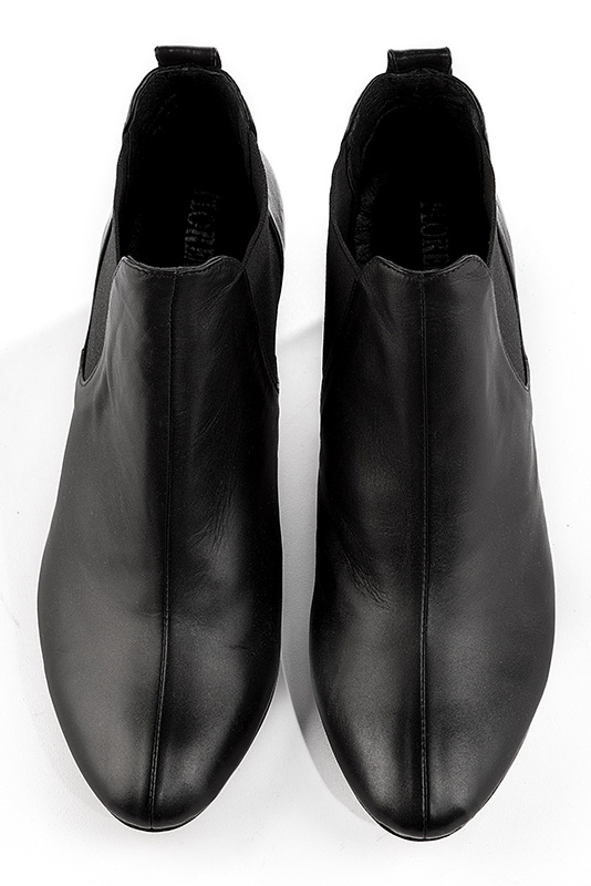 Satin black women's ankle boots, with elastics. Round toe. Medium block heels. Top view - Florence KOOIJMAN